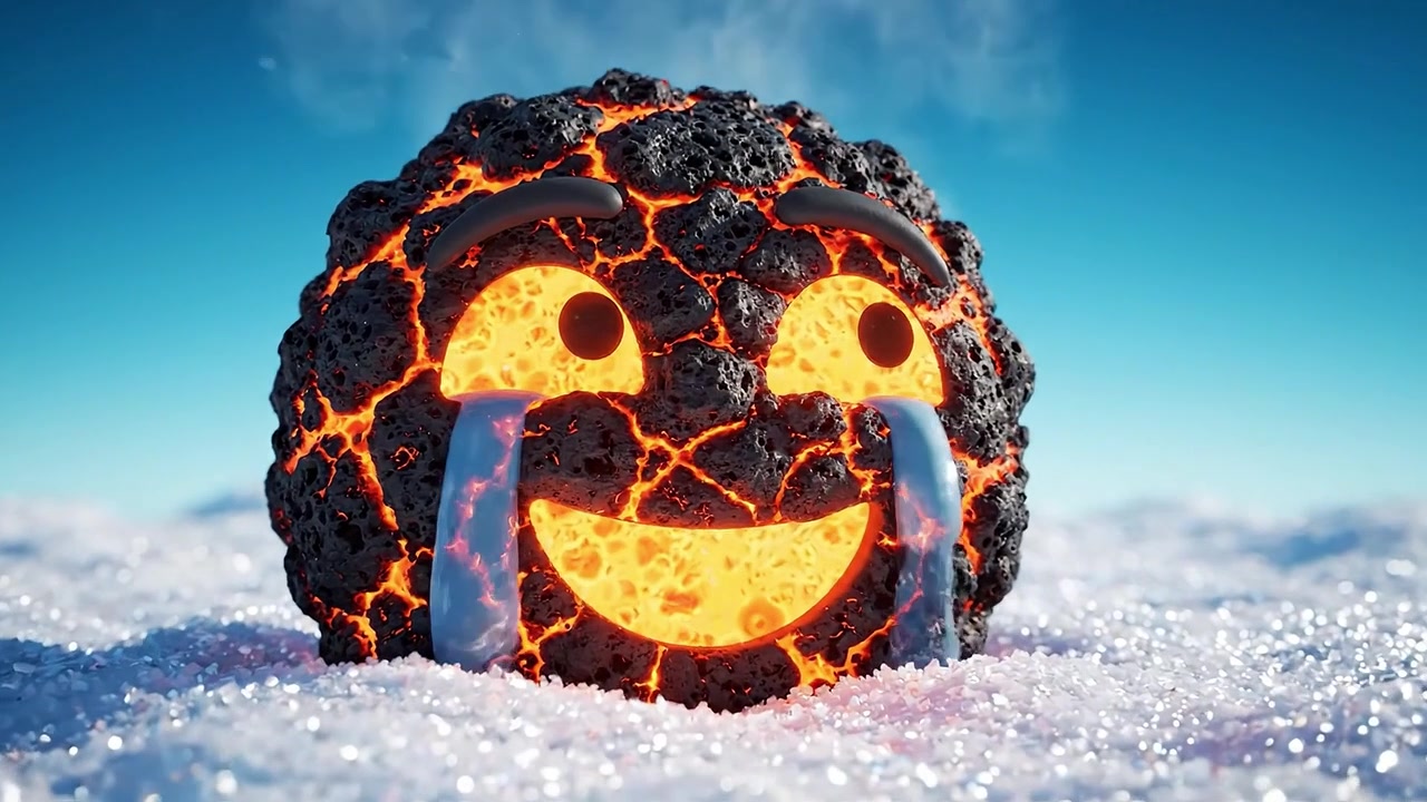 En finurlig vulkan-emoji-karakter, der smiler glædeligt midt i et sneklædt landskab, viser latter og glædestårer med levende lavalignende farver og teksturer