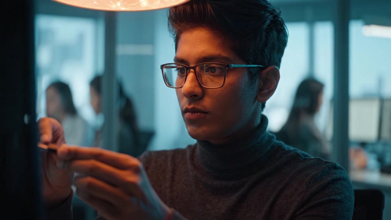 A focused young man examines a USB drive in an office setting, highlighting modern technology's influence on creativity and innovation in today’s workspace.