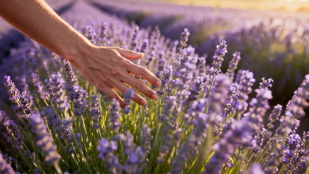Avambraccio sinistro e mano che scivolano nella lavanda al tramonto, una manica chiara che percepisce le spine.