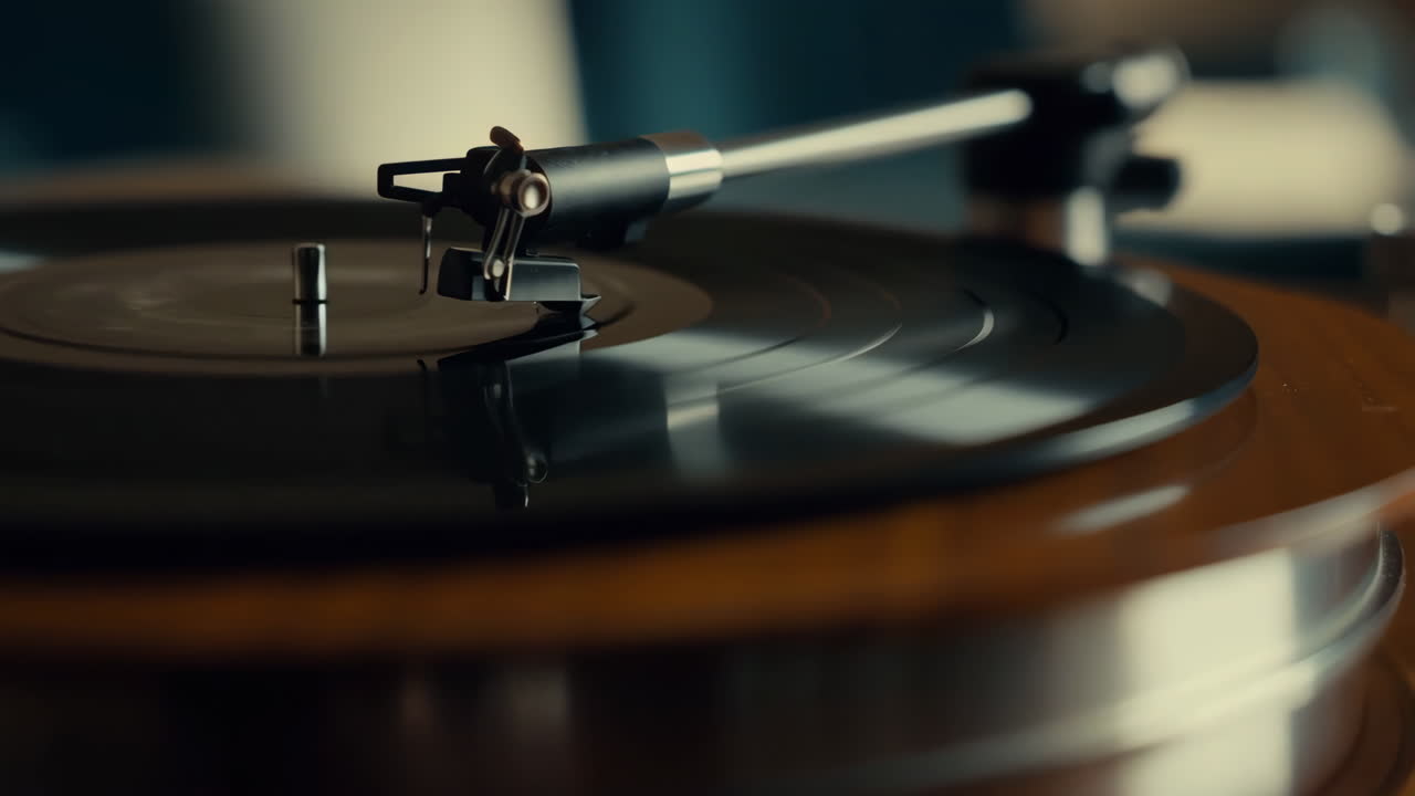 Close-up of a Vinyl Record Spinning on a Turntable