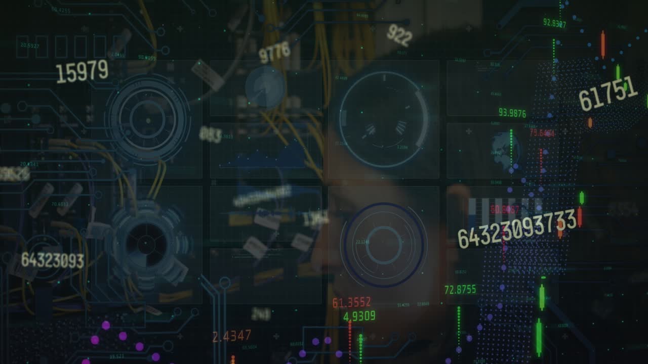 Animation of graphs and data processing on interface with black background