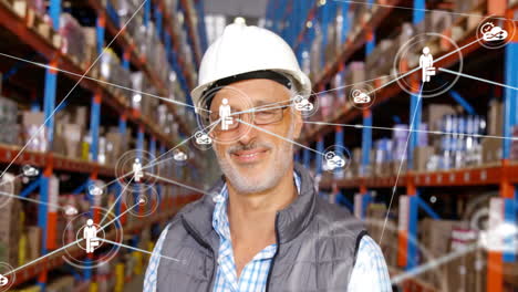 wearing hard hat, warehouse worker with network connections animation over shelves with boxes