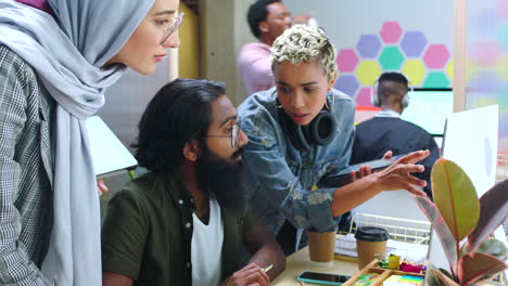 Help, computer and office teamwork in a creative