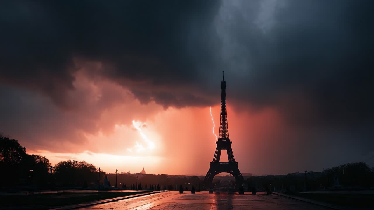 Drammatici fulmini dietro la Torre Eiffel mentre si addensano nuvole temporalesche, creando un contrasto affascinante in un accattivante paesaggio urbano.