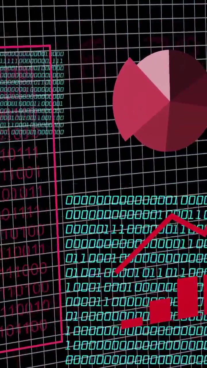 Vertical video: Data HUD filling magenta globe popping binary forming charts rising showing data