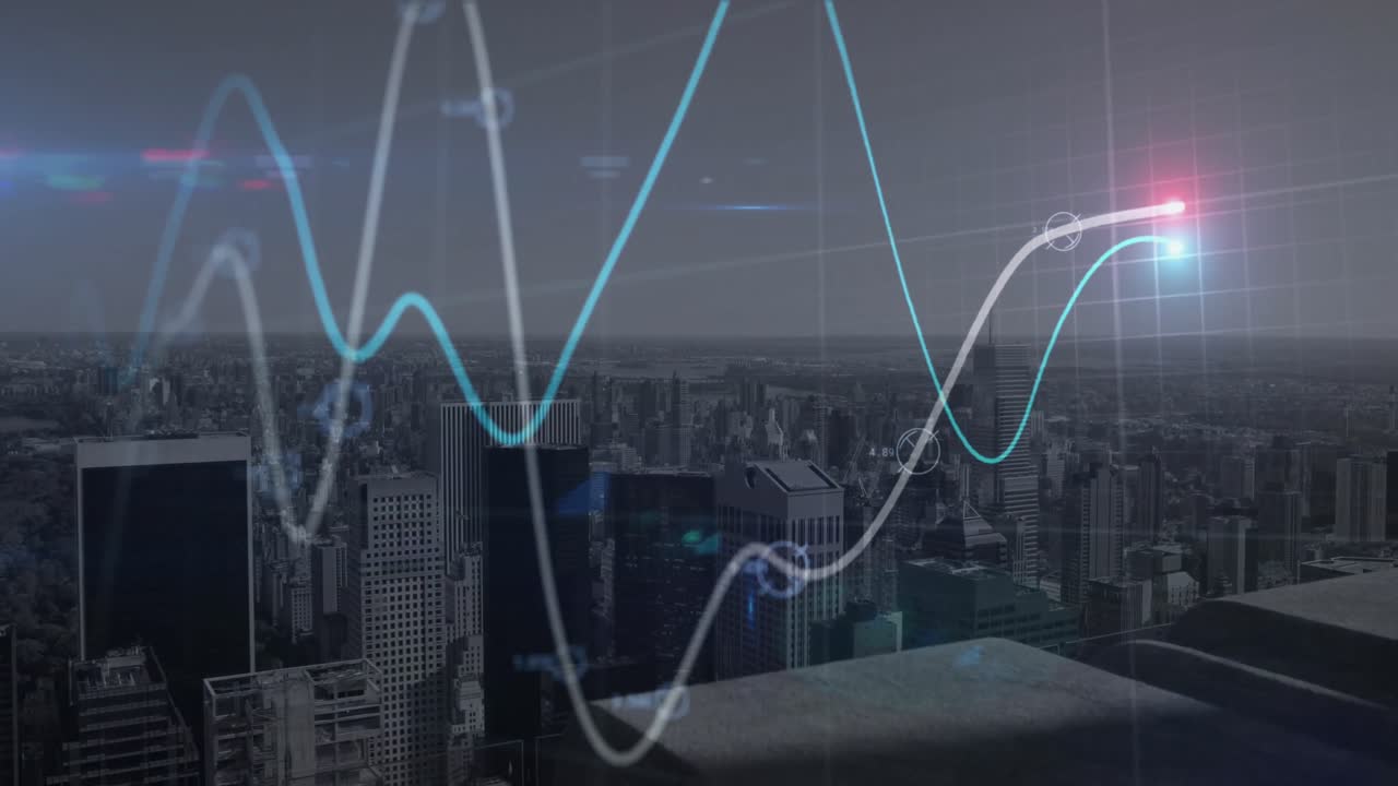 animación del procesamiento de datos financieros sobre el paisaje urbano
