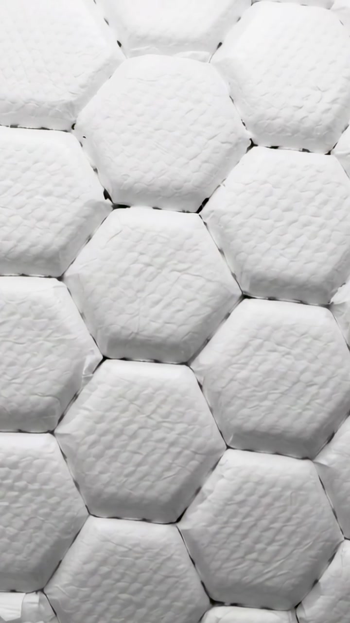 Vertical video: Panning camera revealing quilted white hexagon pads at home, showing detail