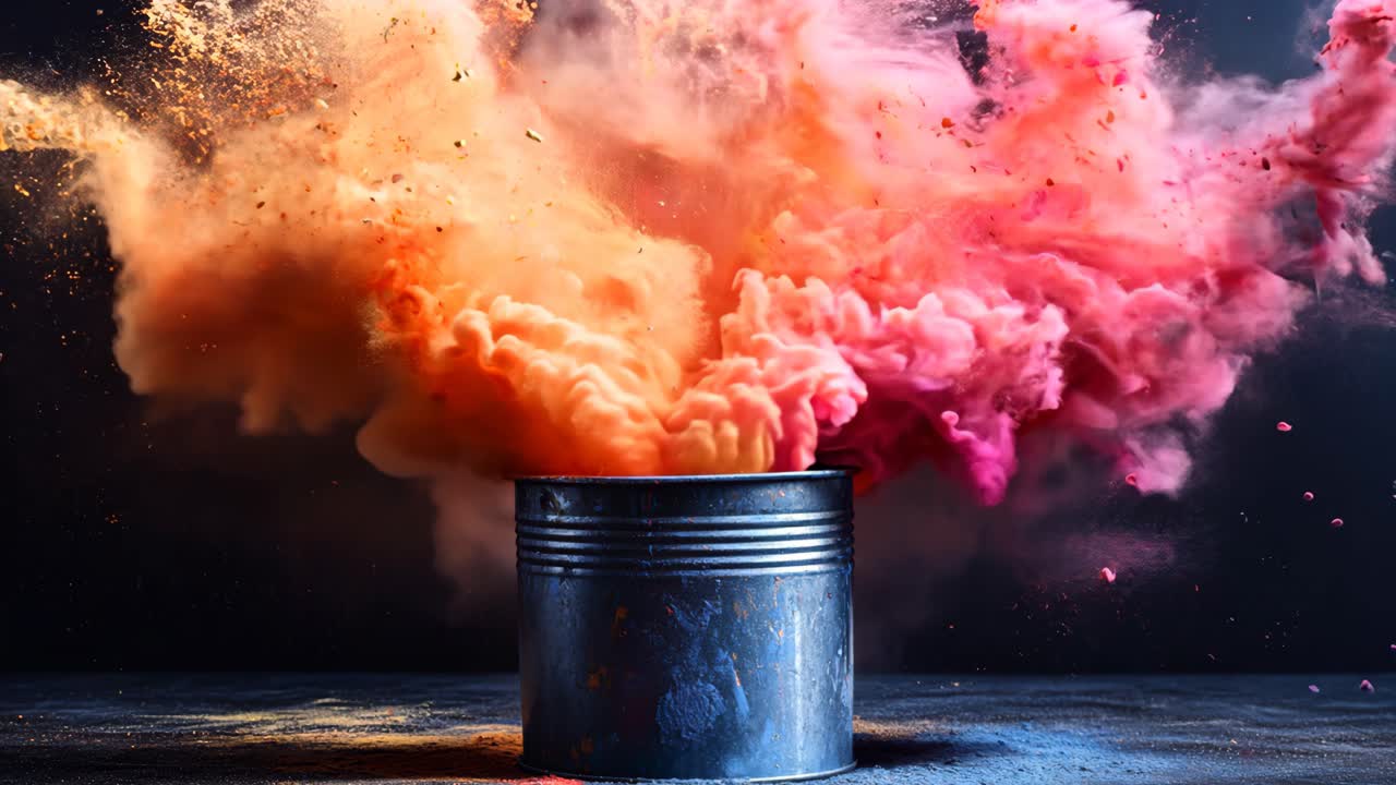 A can of paint is splattered with orange, red, and yellow paint. The colors are bright and vibrant, creating a sense of energy and excitement. The splatters of paint suggest a sense of chaos