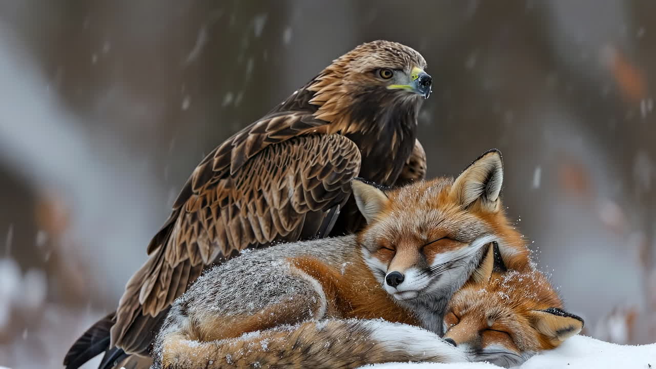Foxes and hawk sharing winter warmth. Two foxes cuddle together in the snow while a hawk perches nearby during a snowy day in the forest