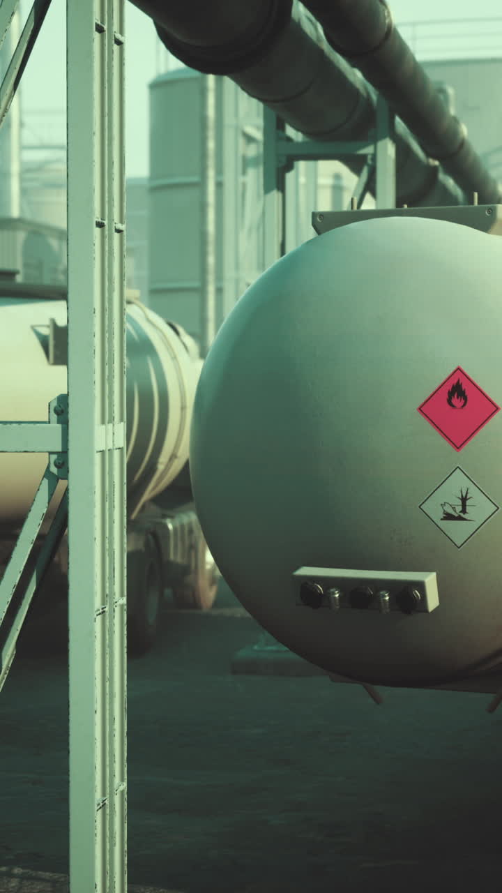 대형 저장 크와 커 트럭을 갖춘 산업 화학 공장