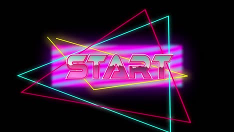 Animation-of-start-text-in-pink-metallic-letters-over-neon-triangles