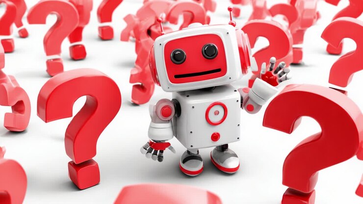 Un robot curioso si erge in un mare di punti interrogativi rossi, incarnando il concetto di indagine ed esplorazione nella tecnologia, colmando il divario tra domande e risposte