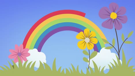 animación de flores y hierba sobre arco iris sobre fondo azul.