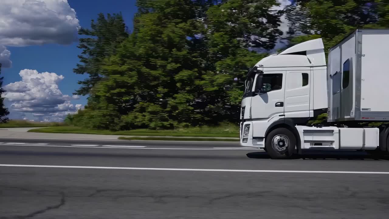 Side view video of a white truck driving on a highway, captured at eye level, showcasing motion