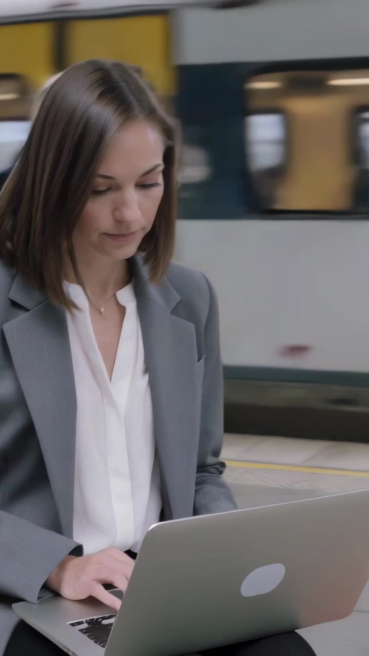Video verticale: Donna in blazer grigio che digita usando un laptop argentato su una piattaforma, treno che passa