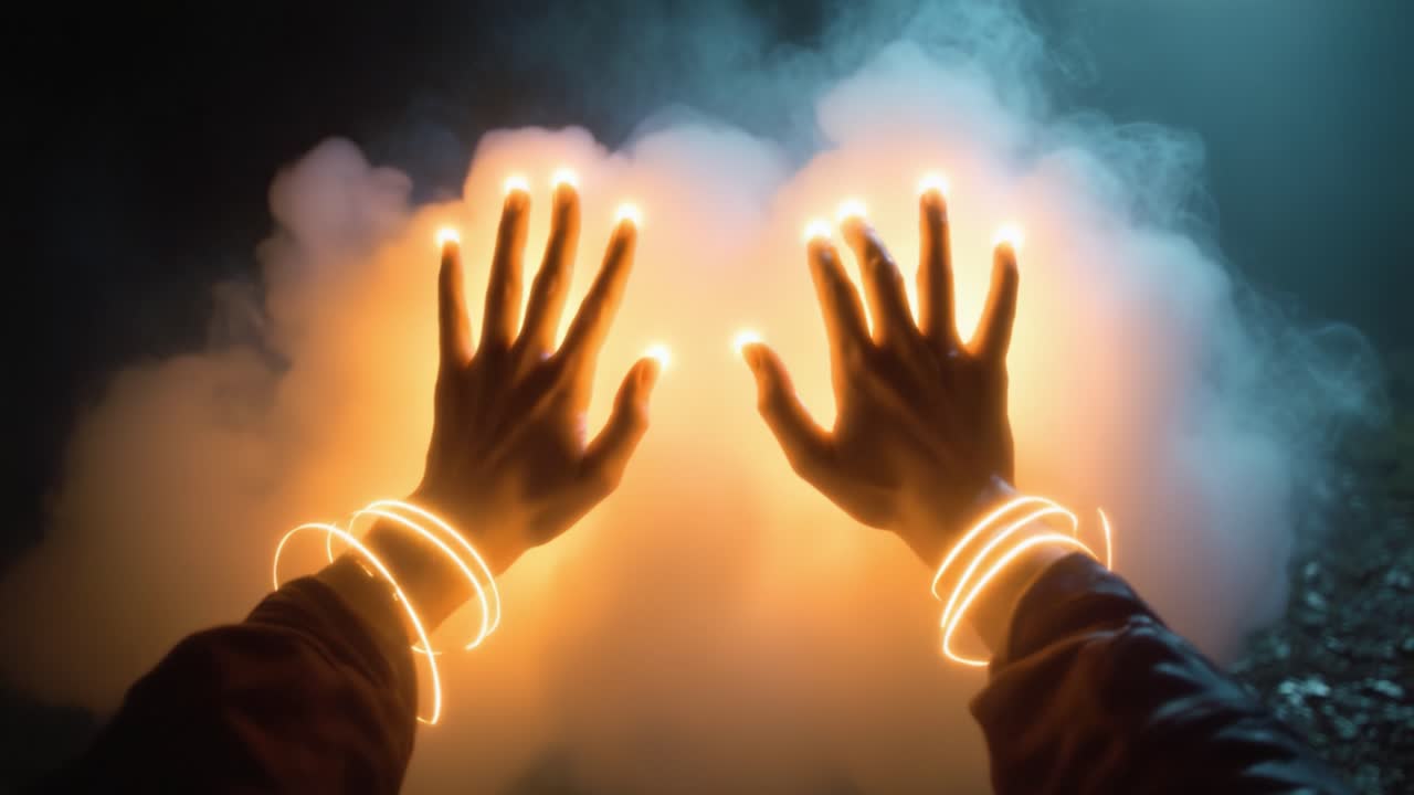 A mesmerizing display of glowing energy circulates around hands outstretched amidst a mystical fog, highlighting the captivating interplay of light and shadow in a fantastical environment of wonder