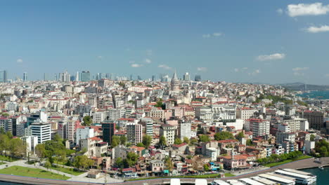 Beyoglu,-Estambul-Estableciendo-Una-Toma-Con-Un-Hermoso-Cielo-Azul-Claro-Y-Una-Torre-De-Galata-En-La-Orilla-Del-Bósforo,-Tobogán-Aéreo-Lento-A-La-Derecha