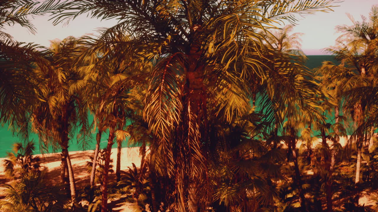 석양에 야자수가 있는 열대 해변