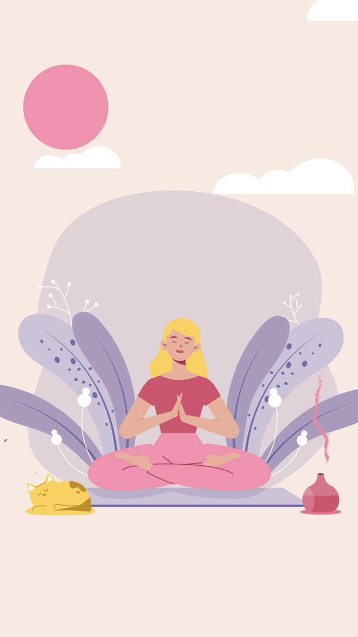 Woman meditating in lotus position, surrounded by nature, with a sleeping cat