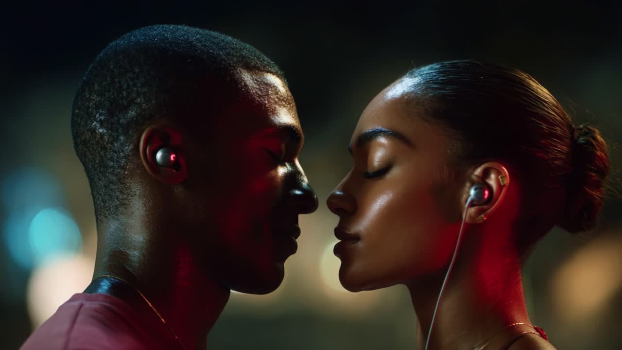 A Heartfelt Moment: Two Individuals Share an Intimate Connection, Lost in Each Other's Gaze, Surrounded by a Colorful, Dreamy Atmosphere with Earbuds Connecting Their Musical Worlds