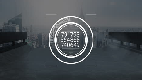 Digital data processing animation over cityscape with skyscrapers in background