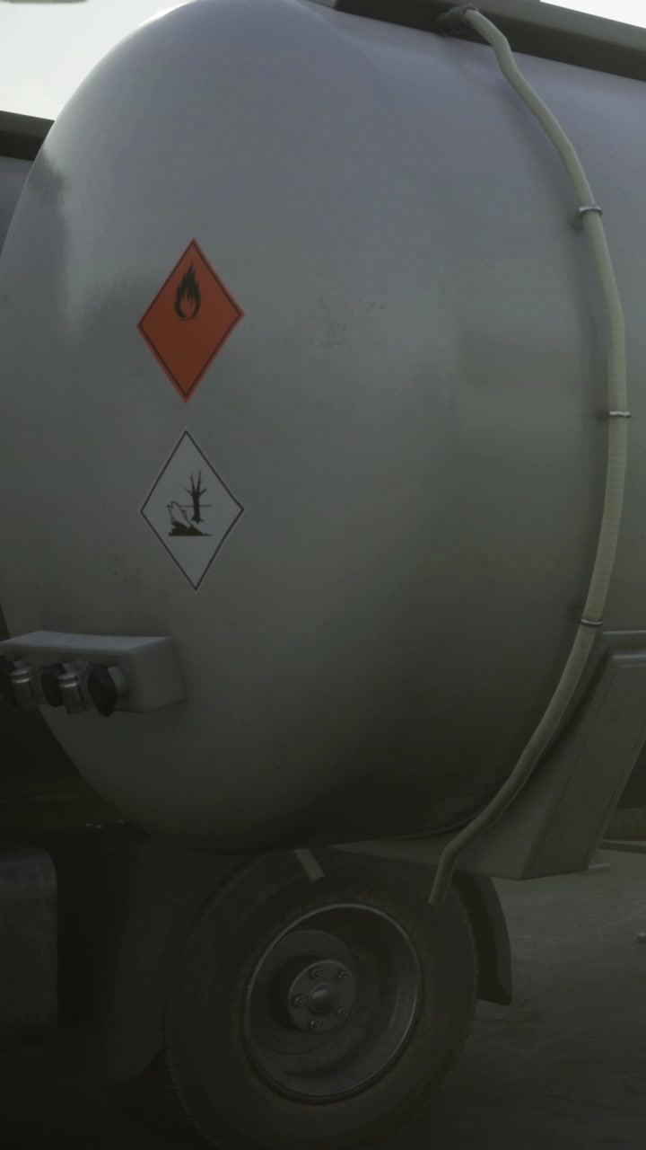 Un grande rimorchio cisterna industriale è parcheggiato in un cantiere edile.