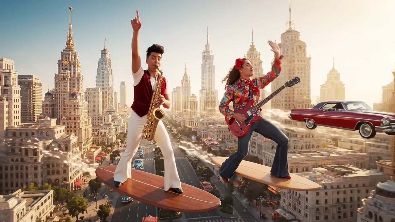 A Dynamic Duo Surfs the Sky with Music, Capturing the Essence of Adventure and Joy Amidst a Stunning Urban Skyline at Sunset.