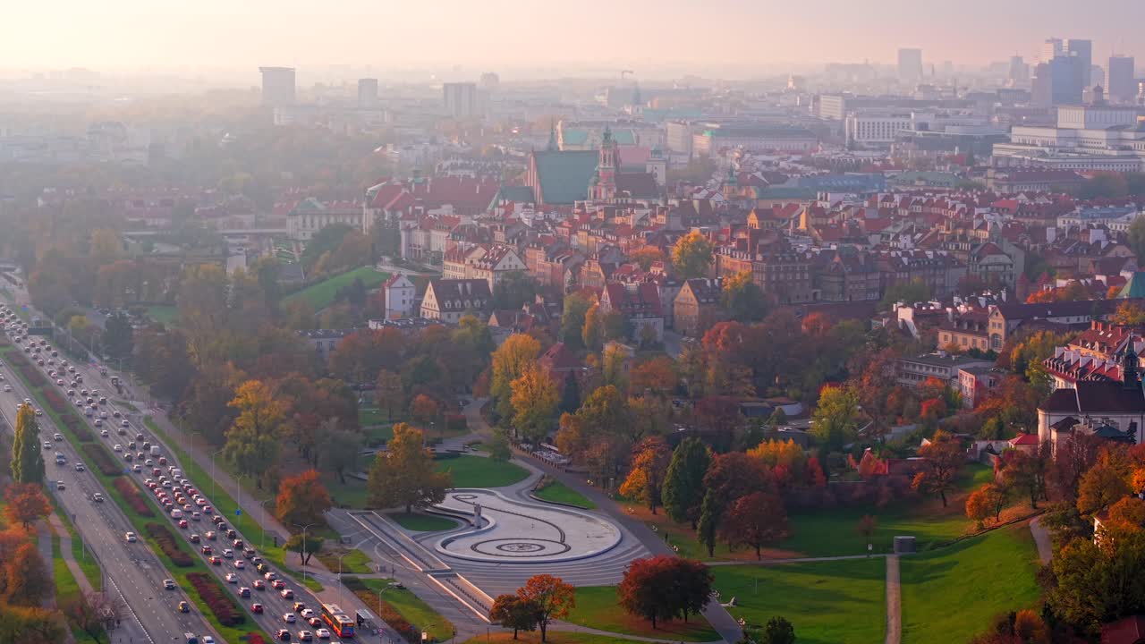 Warsaw Poland on Misty Autumn Morning, Aerial View of Busy Traffic, Old Town, St. John The Baptist Cathedral and Multimedia Fountain Park