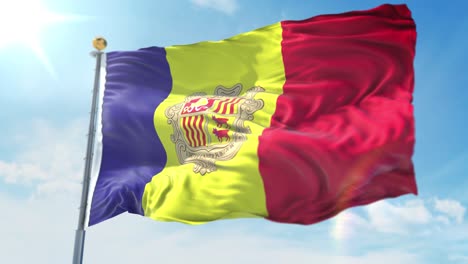 ilustración 4k 3d de la bandera ondeante en un polo del país andorra