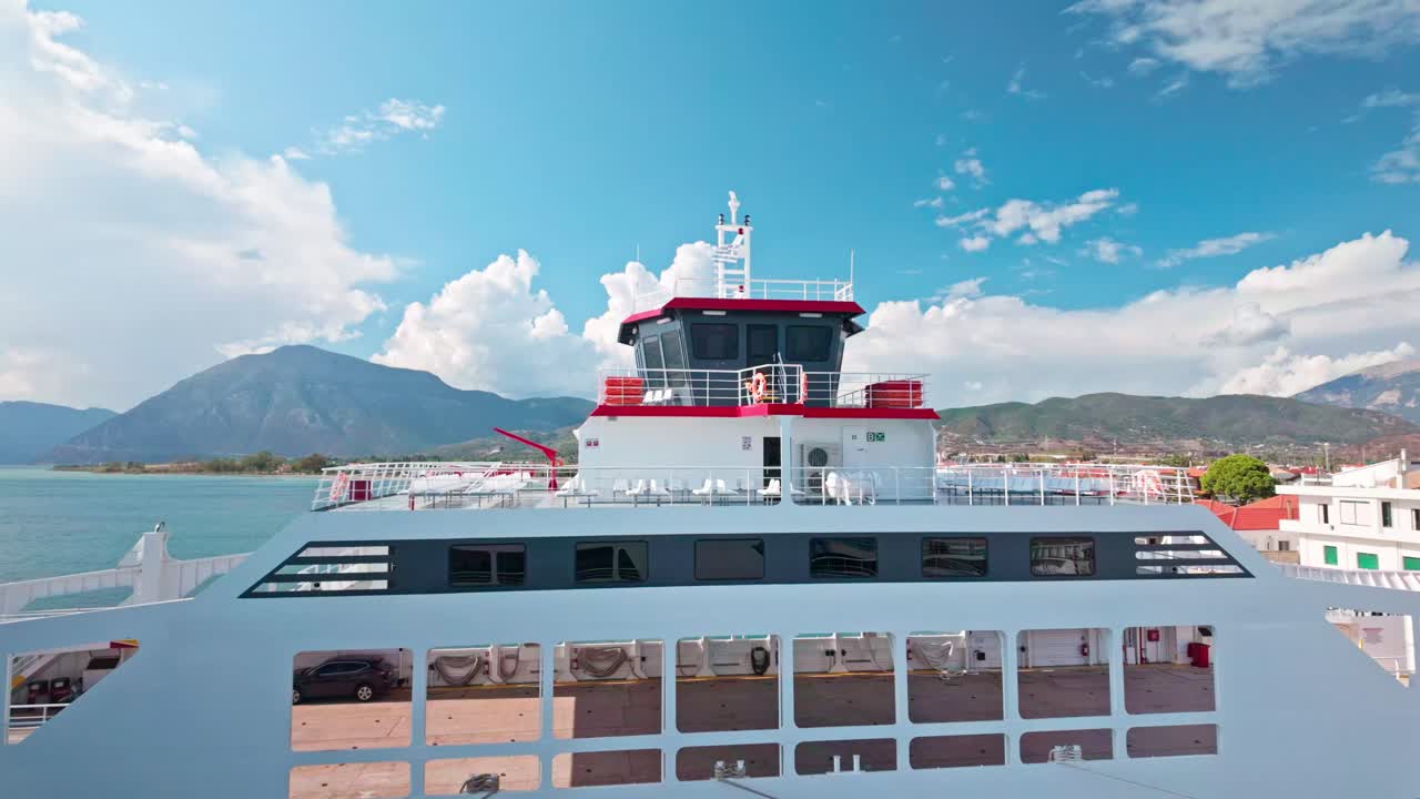 Empty Rio-Antirrio passenger car ferry docked at port Greek terminal
