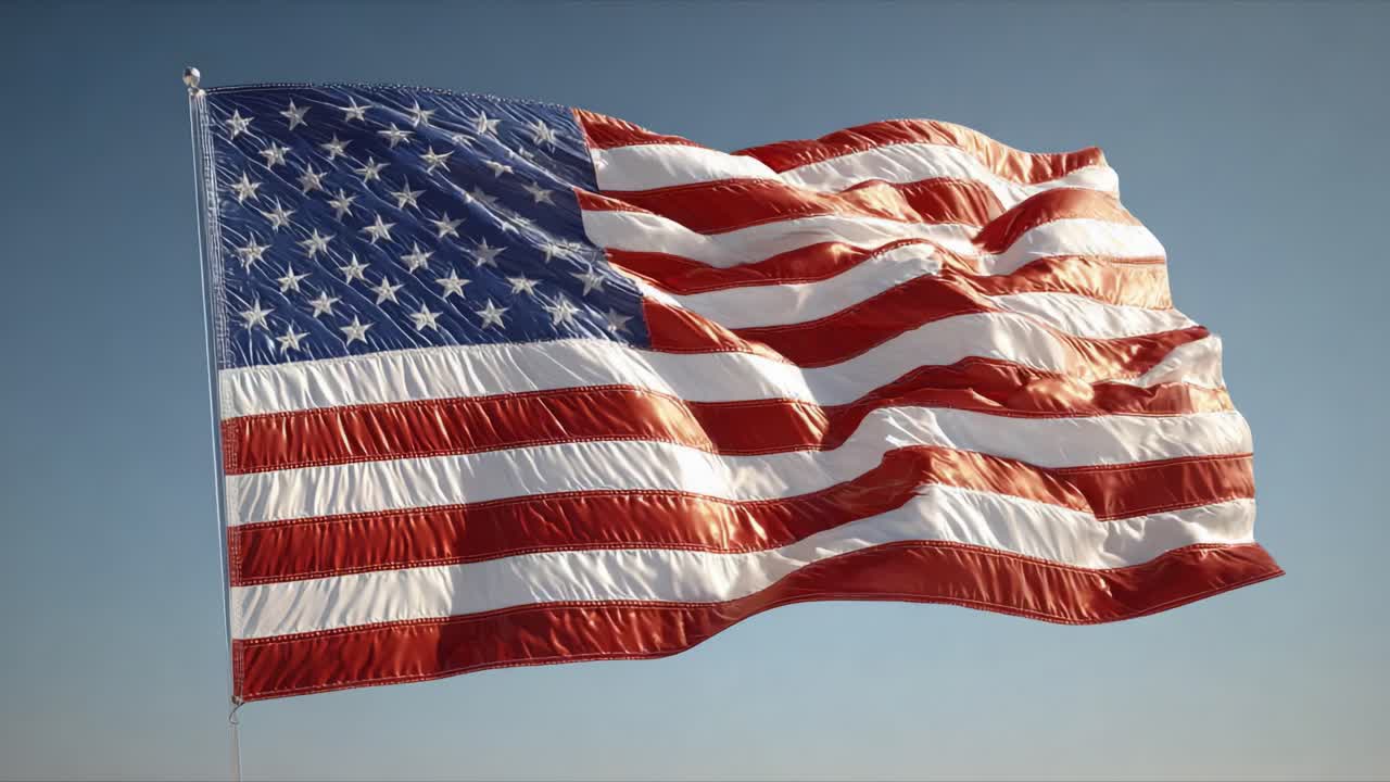 Et amerikansk flag, der elegant vajer i vinden, fremviser sine levende farver og ikoniske design mod en klar blå himmel.