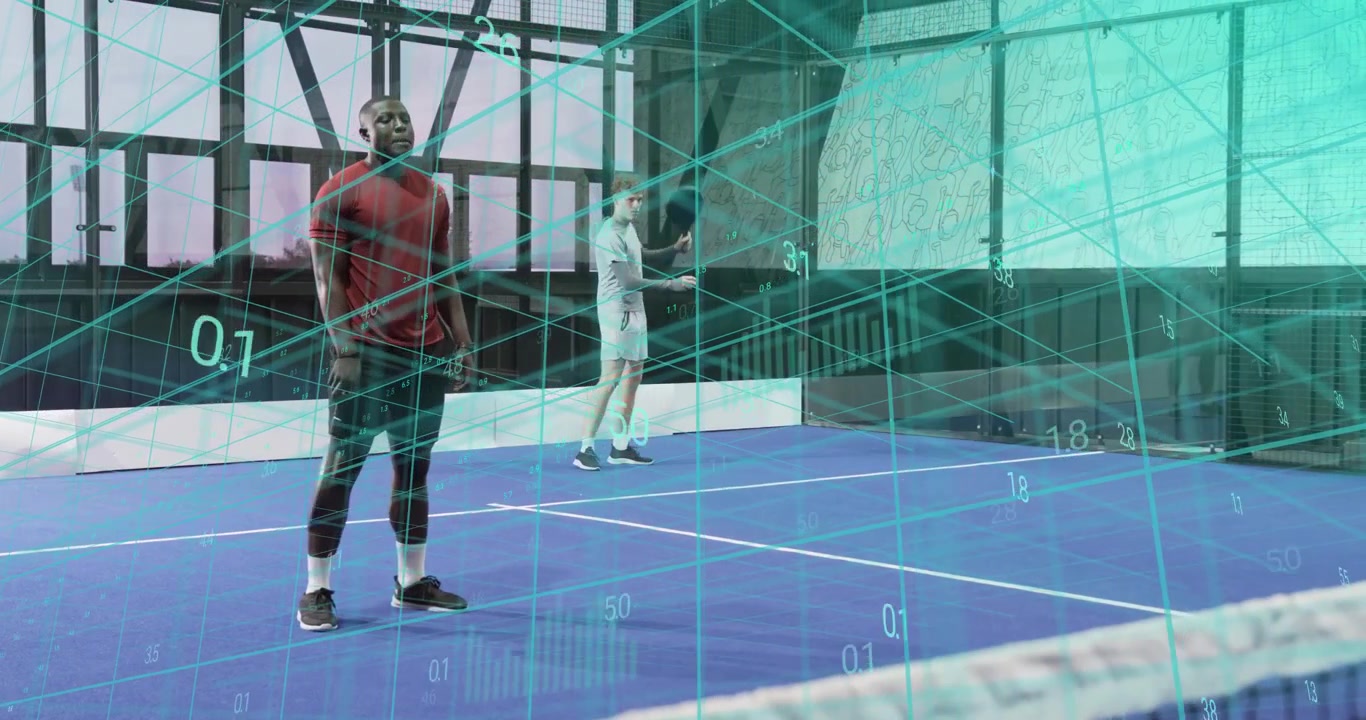Training partners tapping padel ball to initiate warm-up as grid tracking racket swings and metrics