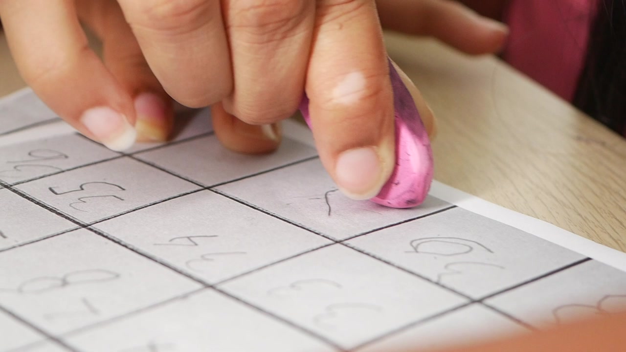 Child's Hand Erasing a Mistake on a Worksheet