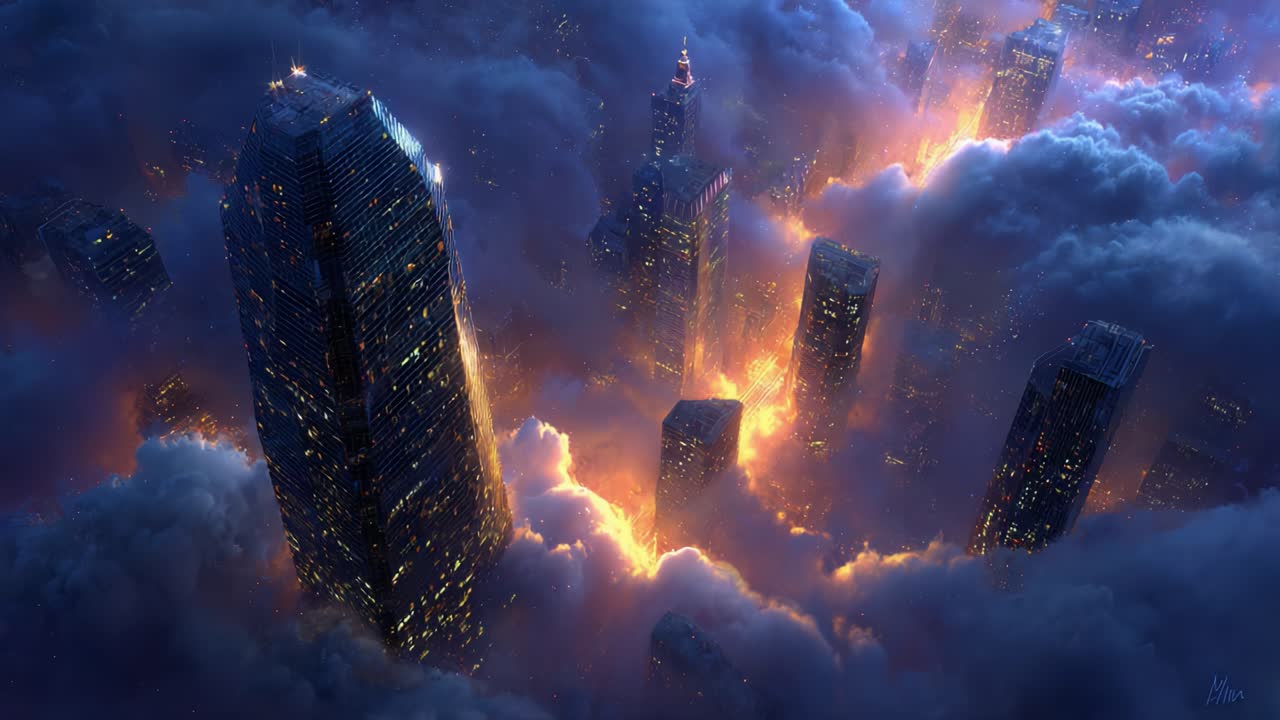 A Stunning Aerial View of an Urban Skyline Enveloped in Fiery Light and Dramatic Clouds at Night, Capturing the Essence of City Life in a Fantastical Setting