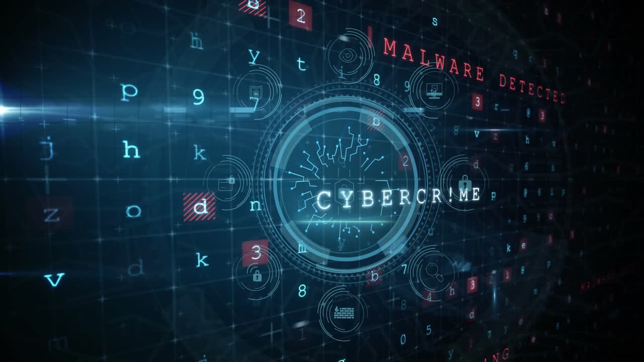 Animation of data processing and padlock over black background