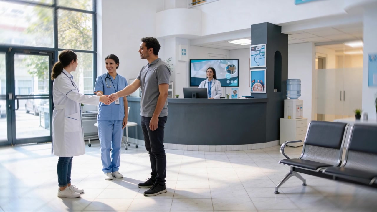 Visitante que llega saluda a médico con bata de laboratorio y enfermera con uniforme en recepción, estrechando manos para el registro.