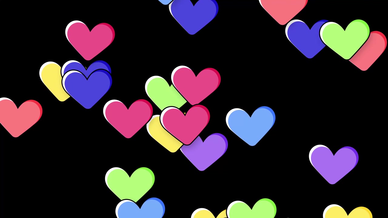 Vibrant multicolored cartoon hearts fall vertically against a black background in a continuous loop.