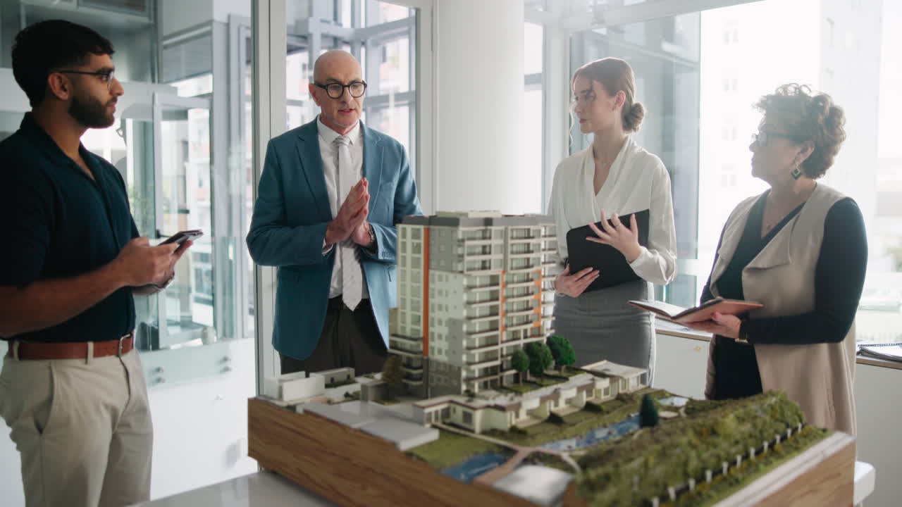 Equipe imobiliária discutindo desenvolvimento de propriedades com maquete