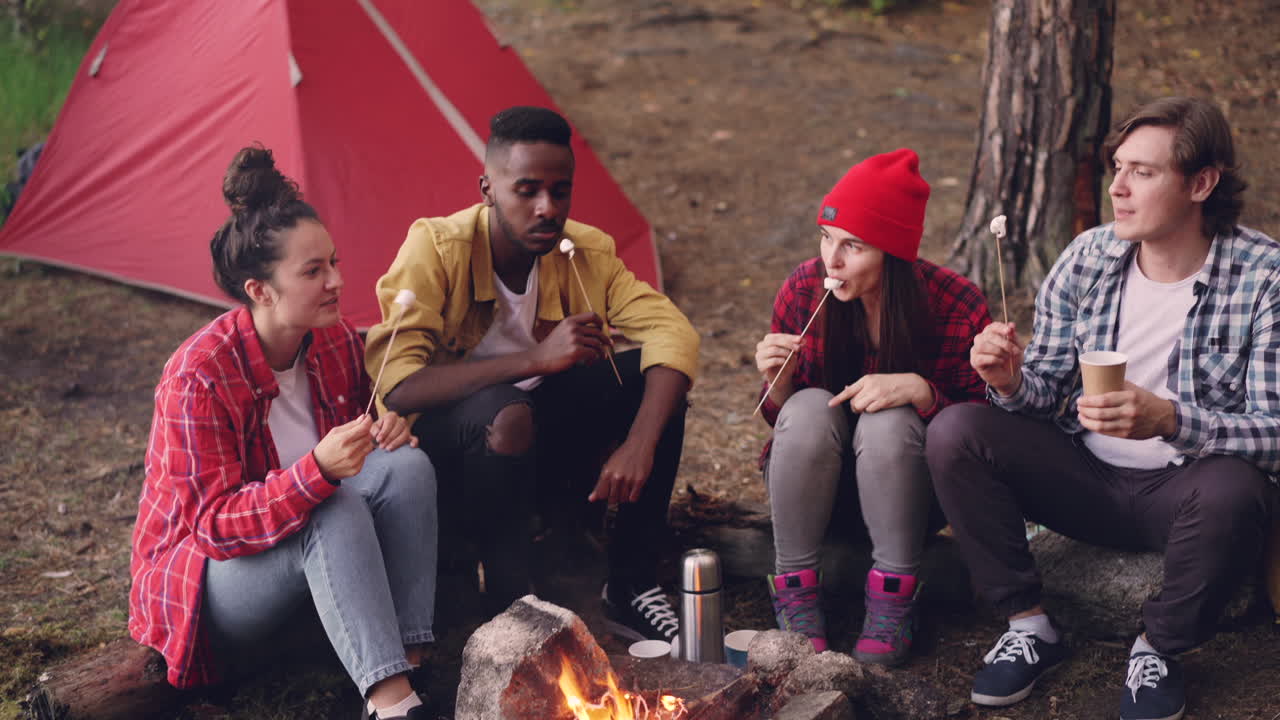 Friends roasting marshmallows around a campfire