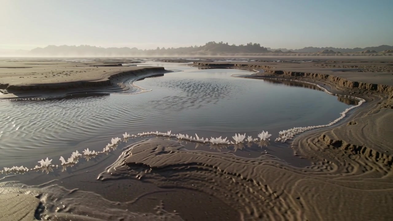 Moving camera revealing shallow tidal pool on tidal flats, showing sand ridges and white foam
