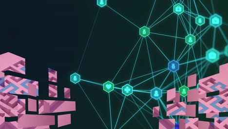 animation of network of connections with icons over glowing purple kaleidoscopic shape