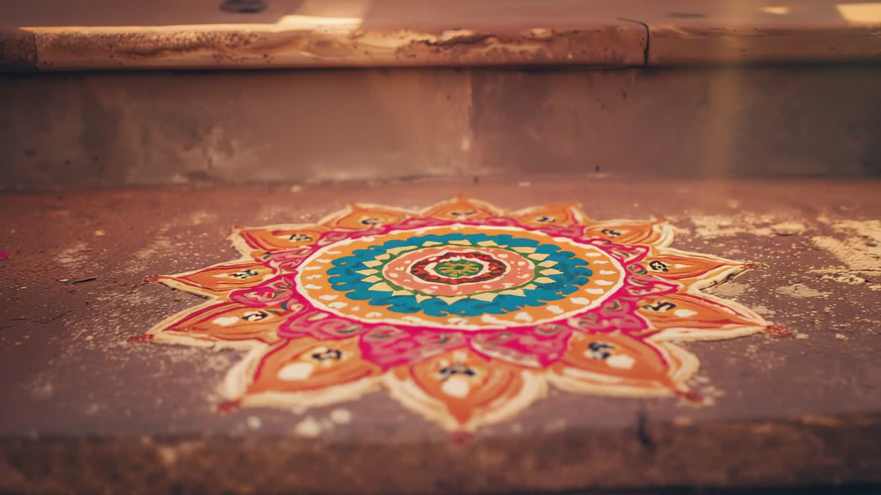 Raggi dorati che illuminano un rangoli circolare su gradini di pietra consumati, messa a fuoco della fotocamera che si sposta delicatamente