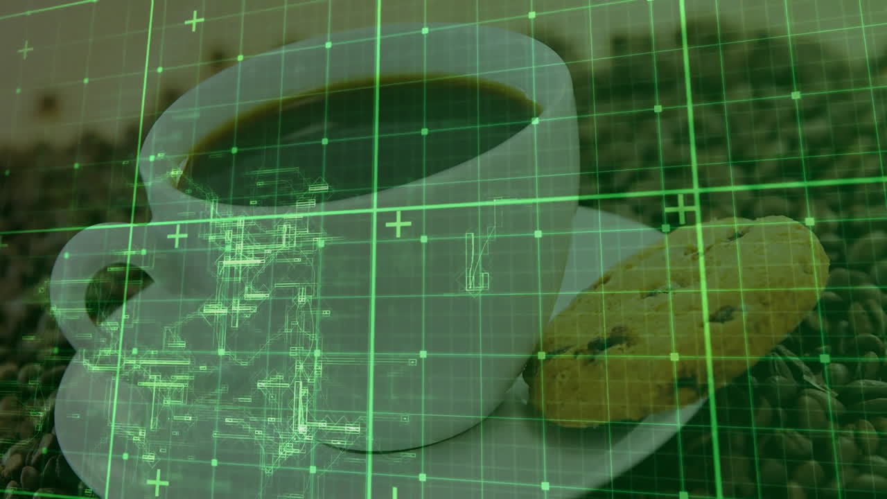 White ceramic coffee cup being rendered over scattered beans, showing cookie and green circuit grid