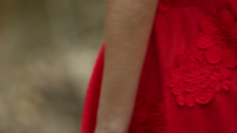 mysterious girl walking in the forest. mysterious girl in long red dress walking in the forest
