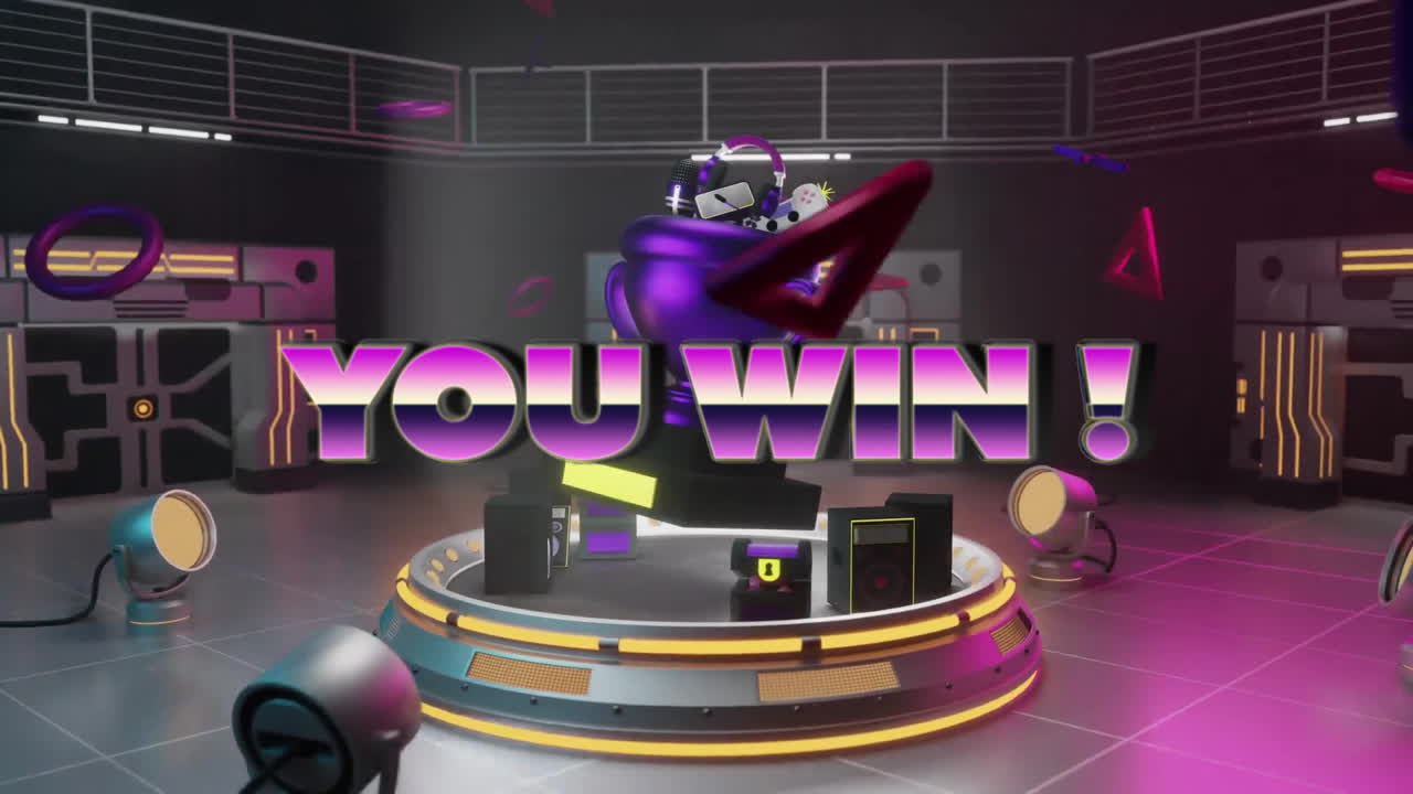 animación de iconos de juegos y usted gana texto sobre la sala cibernética con taza