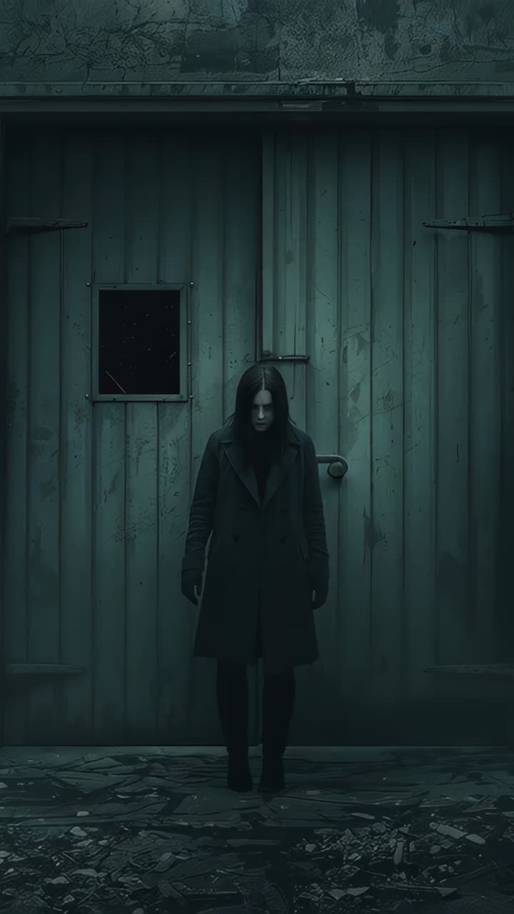 Vertical video: Light urging woman looking up, stepping at metal door, vent, lock in dark coat