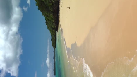 Gentle-waves-on-tranquil-remote-Isle-of-Pines-beach,-low-vertical-flyover