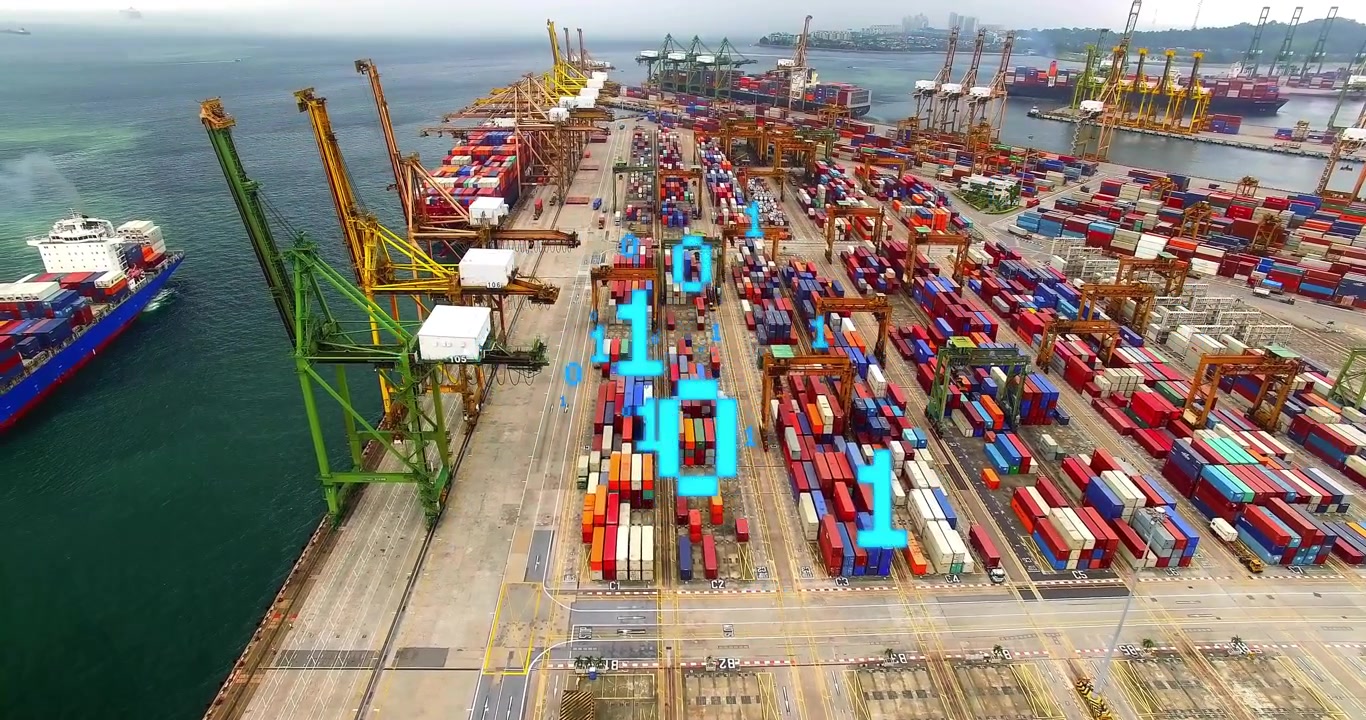 Dígitos binarios cian brillantes apareciendo, deslizándose y agrupándose sobre pilas de contenedores, mapeando datos del puerto.
