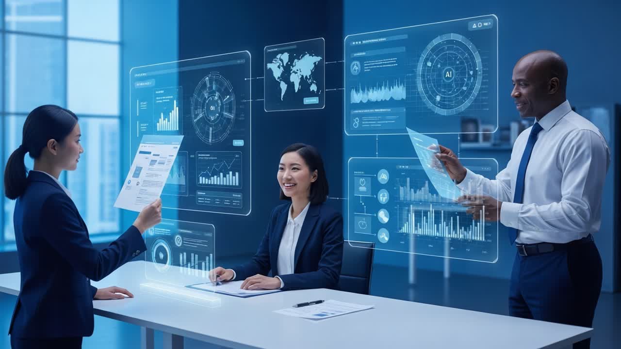 Engaging Business Meeting with Data Visualization and Digital Analytics in a Modern Corporate Office Setting