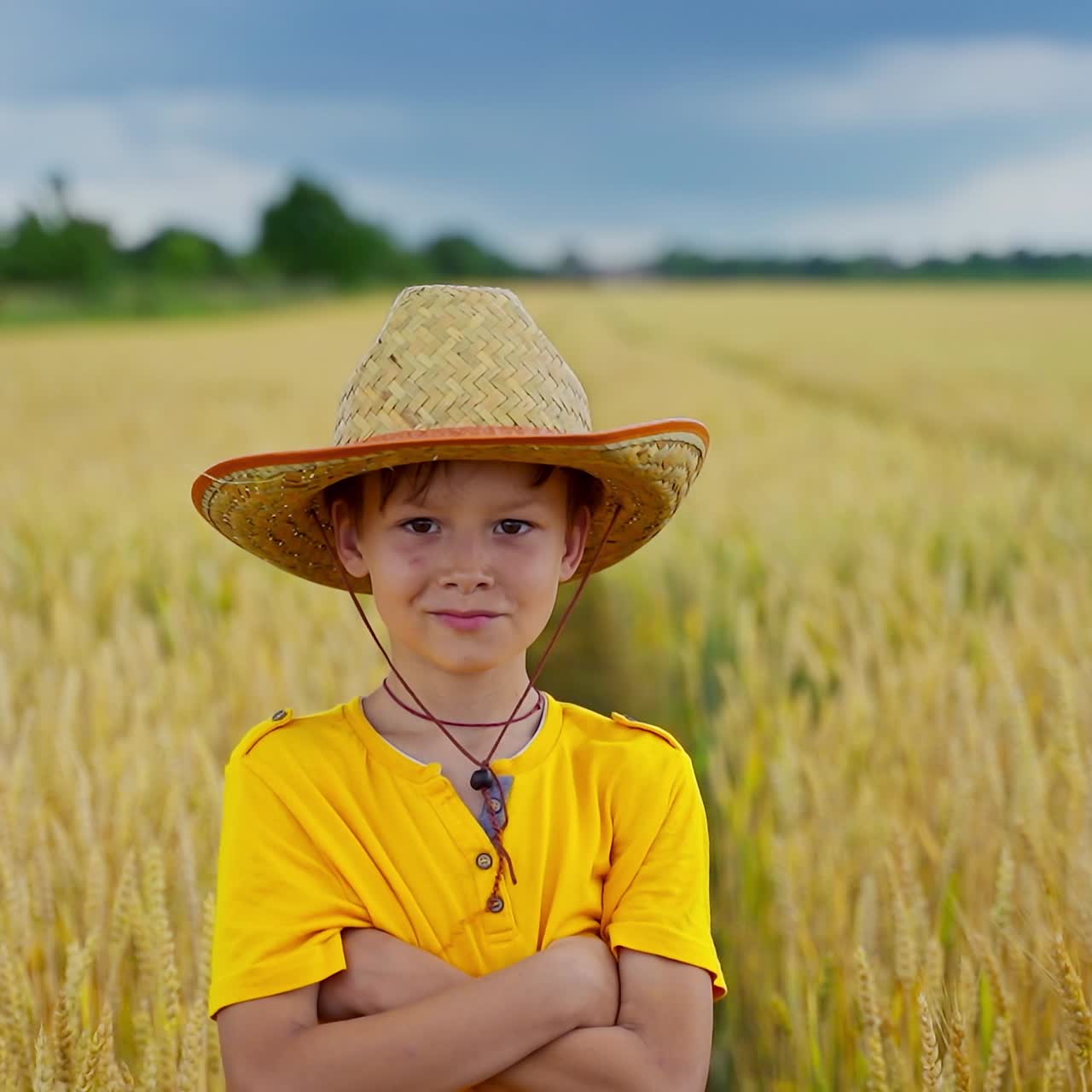 Portrait of a little farmer on field. Healthy boy in straw hat and yellow t-shirt looking on camera and smiling on the wheat field background.